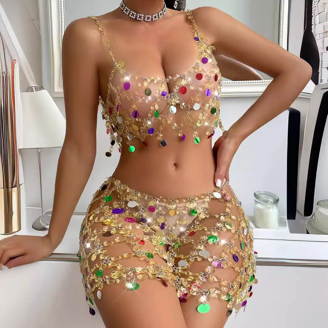 

Luxury Rhinestone Crystal Bra Chain Tops Camis Hollow Out Mini Skirt Sexy Summer Beach Night Clubwear Dance Show Tops Body Chain