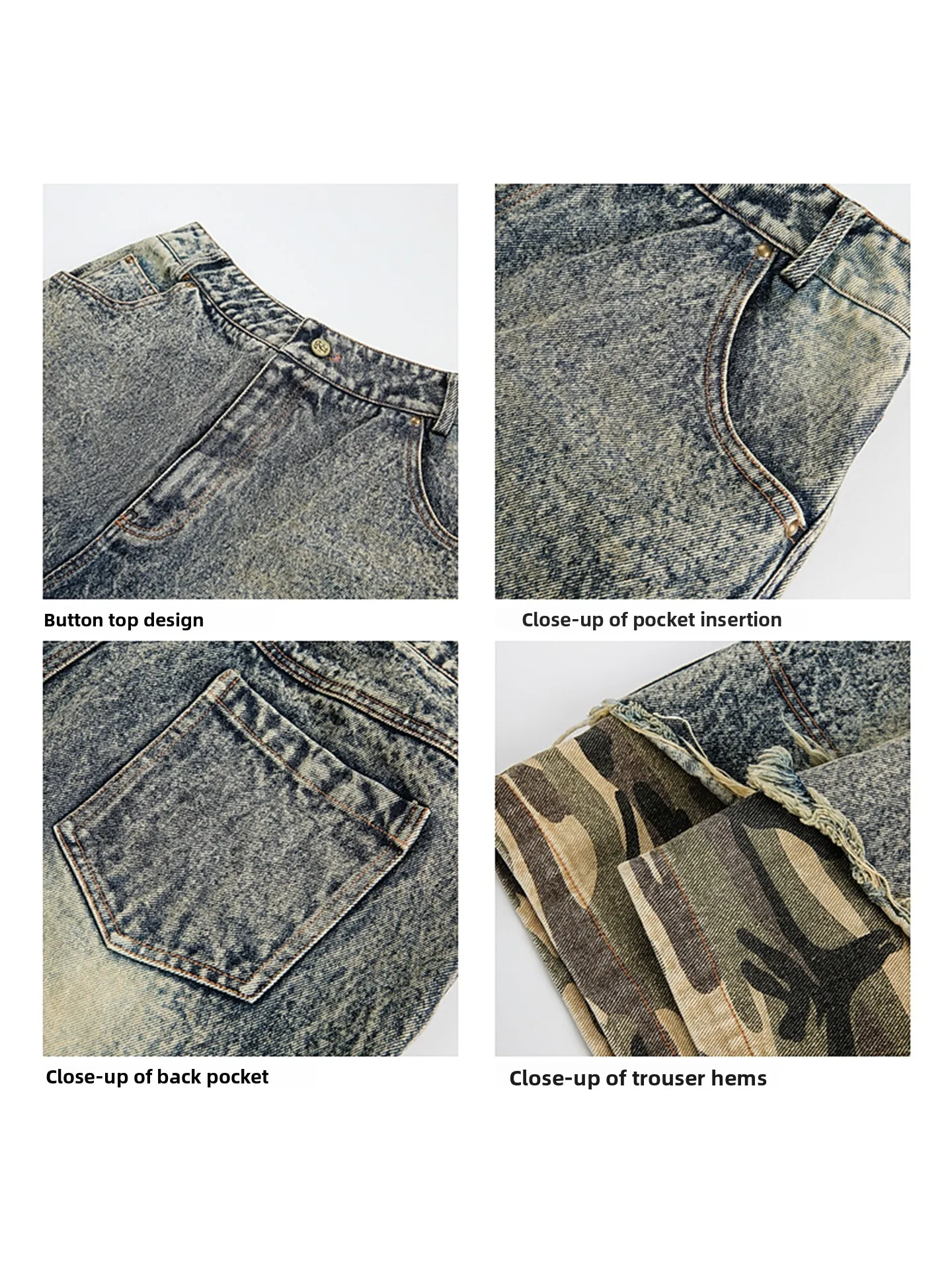 レトロアメリカン迷彩パッチワーク色褪せデニムショートパンツメンズルーズストリートスタイル五分丈パンツ若々しい活力スタイル