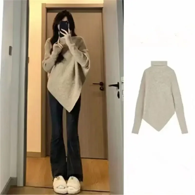 

For Spring Autumn Winter Elegant Milk System Light Maturity Laid-back Style Asymmetrical High-neck Sweater Two-piece Set
