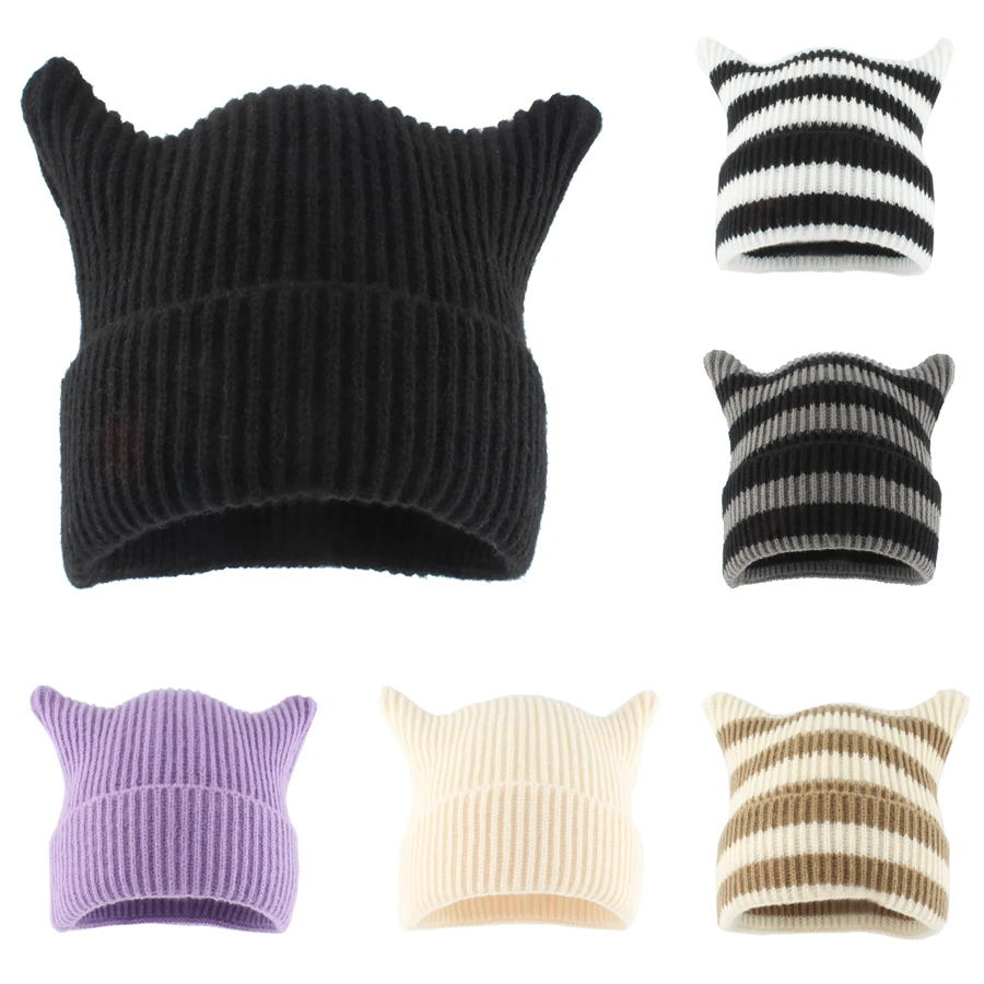 New Cat Ears Knitted Cute Beanie Hat For Women Girls Ins Skullies Striped Wool Cap Winter Korean Super Soft Pullover Bonnet