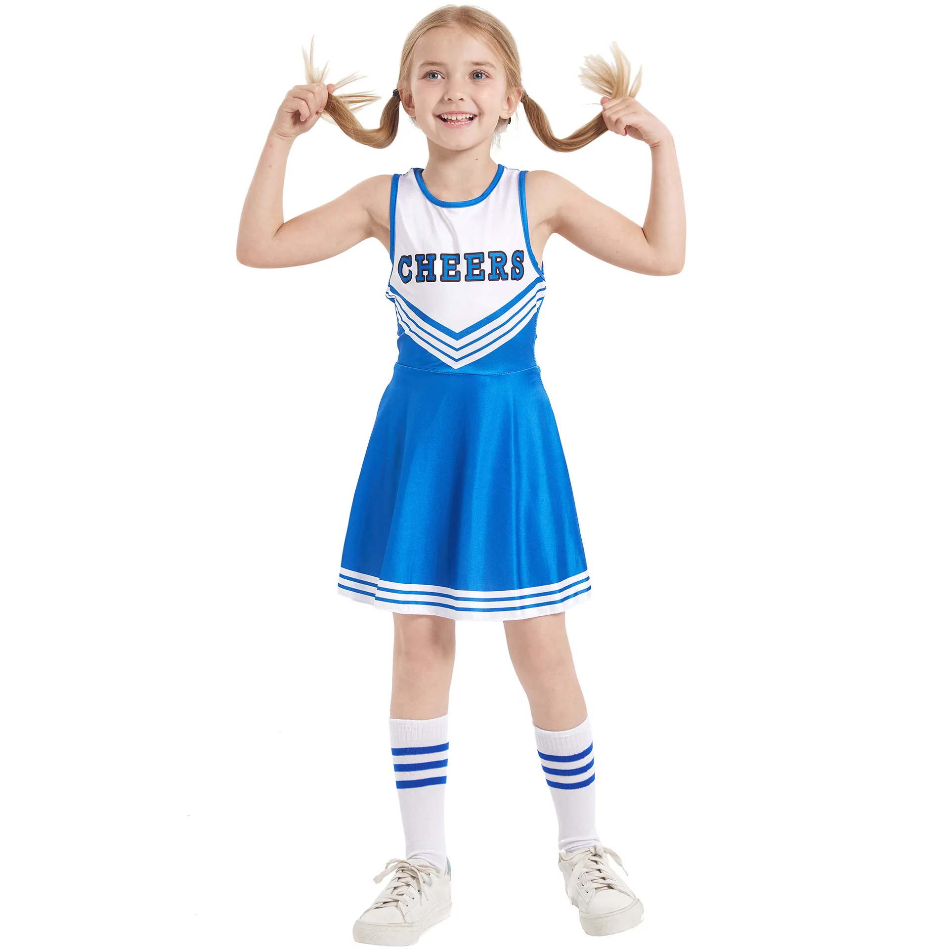 Escola Meninas Cheerleading Dança Traje Vestido Ginástica Cosplay Uniforme Carnaval Festa Halloween Traje para Crianças Pompom + Sock