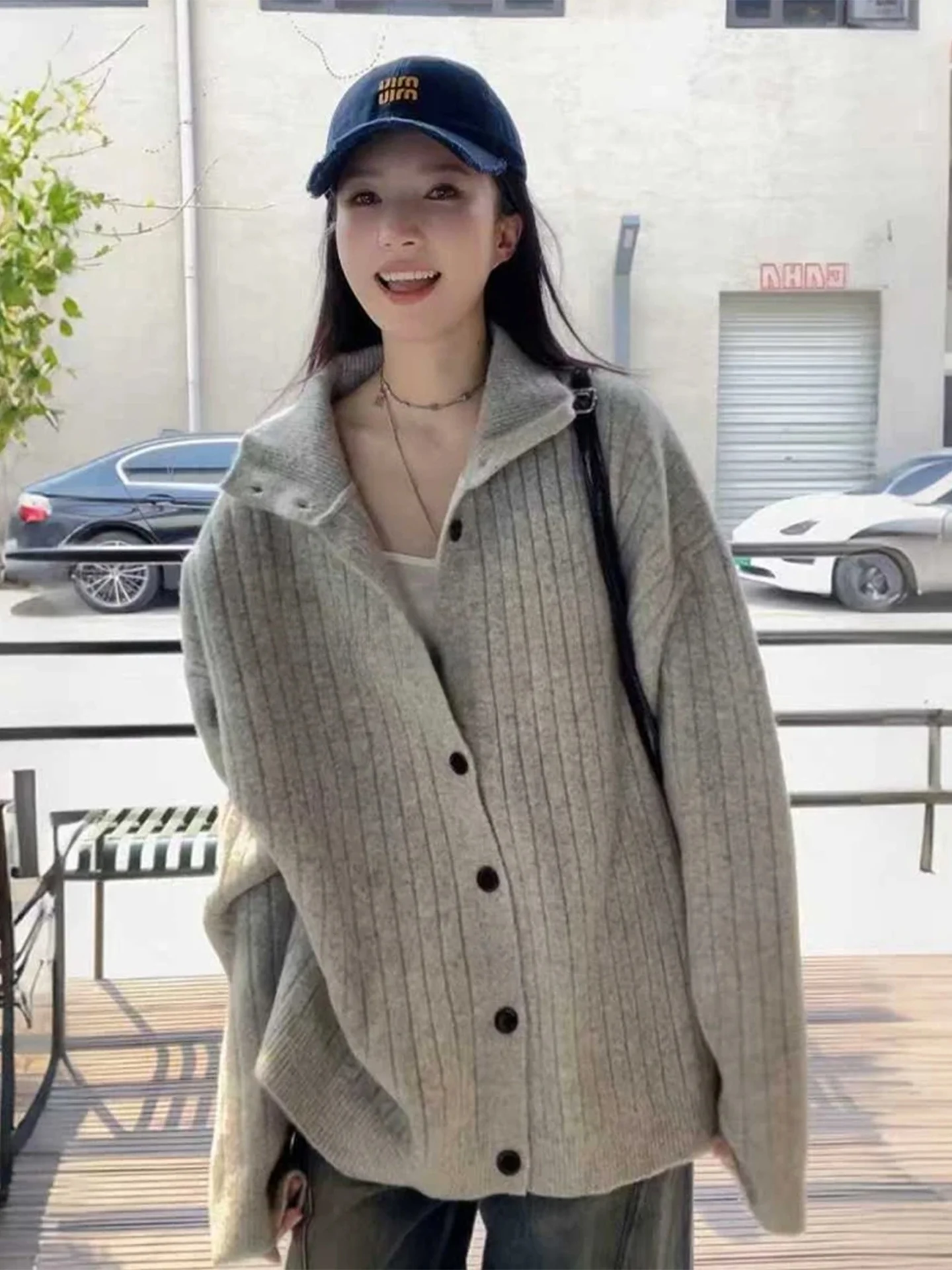 

Rouje Kefss Grey Lazy Knitted Sweater Coat Women's Autumn Winter Thickened Medium Length Versatile Top Open Cardigan Style