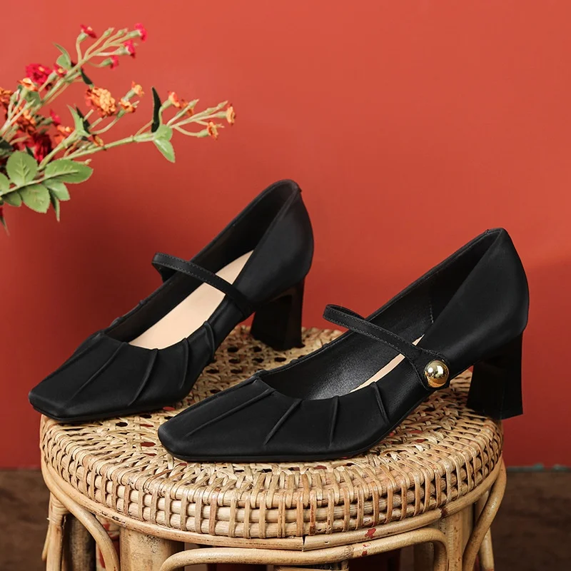 

French Folds Single Shoes Mary Jane Women's Shoes Square-Toe High Heels Low Cut Retro High Heels Metal Buckle Single Shoes