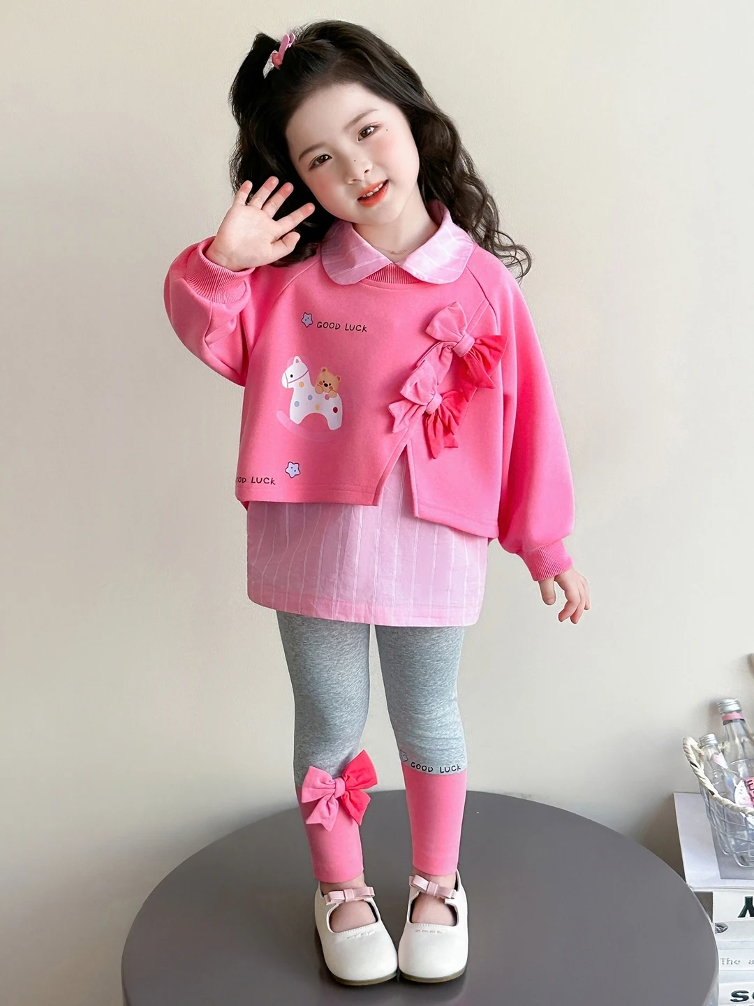 

Spring Faion Set for Girls with Knot Casual Sweatirt Boting Pants Tee-piece Suit Breathable Comfortable