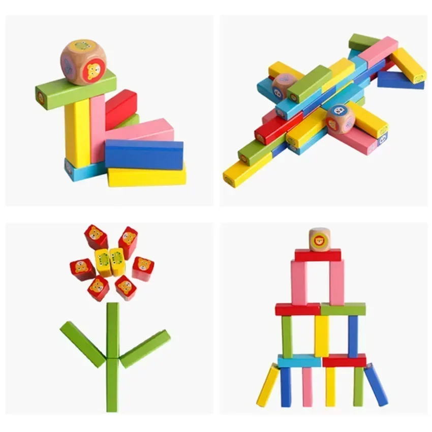 Creative Tower Board Games for Children Baby 54Pcs Wooden Building Blocks Toy Cartoon Animal Colorful Rainbow Domino Stacking