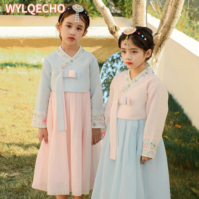 Girls Traditional Korean Hanbok Dress Children Stage Ancient Nation Dance Wear Kids Folk Dance Clothing Party Cosplay Costume