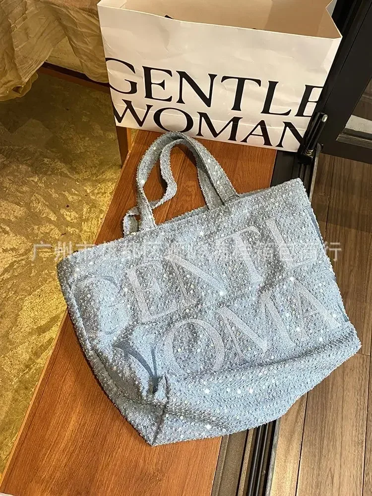 2024 새로운 신사 여성 편지 반짝이 세척 데님 가방 다목적 대용량 토트 백