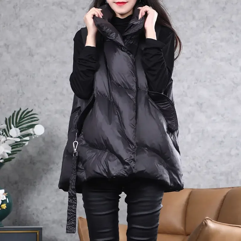 High Quality Large Size Cotton Black Vest Women's  Fall/winter New Loose and Lightweight Buckle Streamer Solid Color Jacket Coat