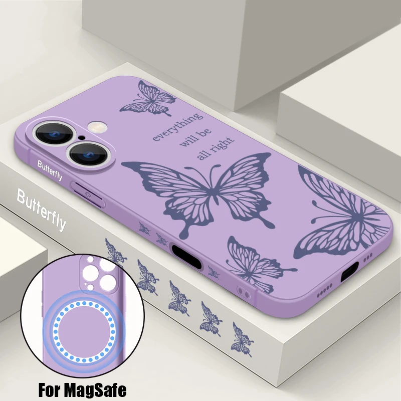 Butterfly Print Soft Phone Case For iPhone 16 15 14 Pro Max 12 13 14 Pro 11 Magnetic For Magsafe Wireless Charge Silicone Cover