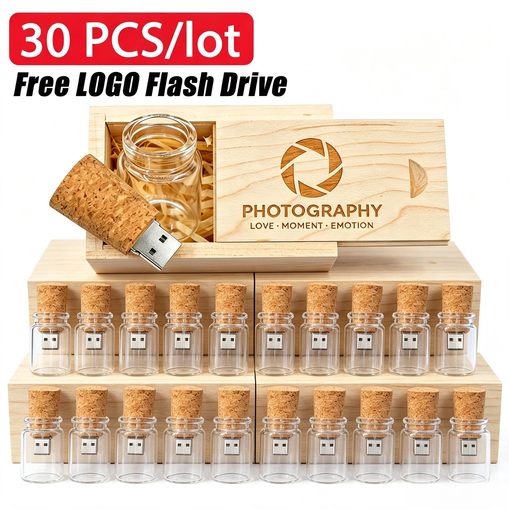 30pcs Free Custom logo Bottle Usb 2.0 Memory Stick Glass Drift Bottle Usb Flash Drives Wooden Cork Pendrive 16GB 32GB 64GB