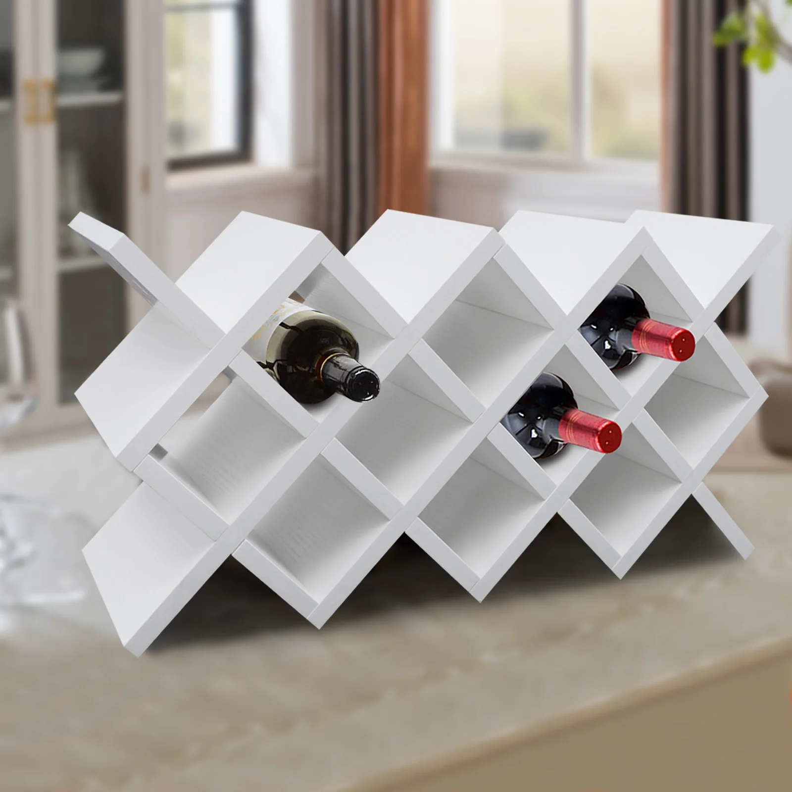 رف نبيذ عشرة خلايا، رف نبيذ قائم بذاته على سطح الطاولة، رف حامل نبيذ مثبت على الحائط، يمكن أن يحمل زجاجات نبيذ متعددة، أبيض