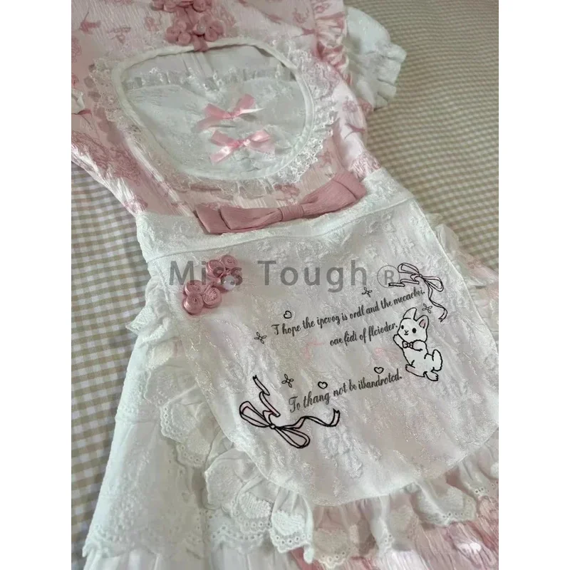 Vestido de manga corta con estampado dulce a la moda para mujer, vestidos de encaje con bonito lazo Vintage para mujer, vestido elegante de verano con volantes y retazos, nuevo