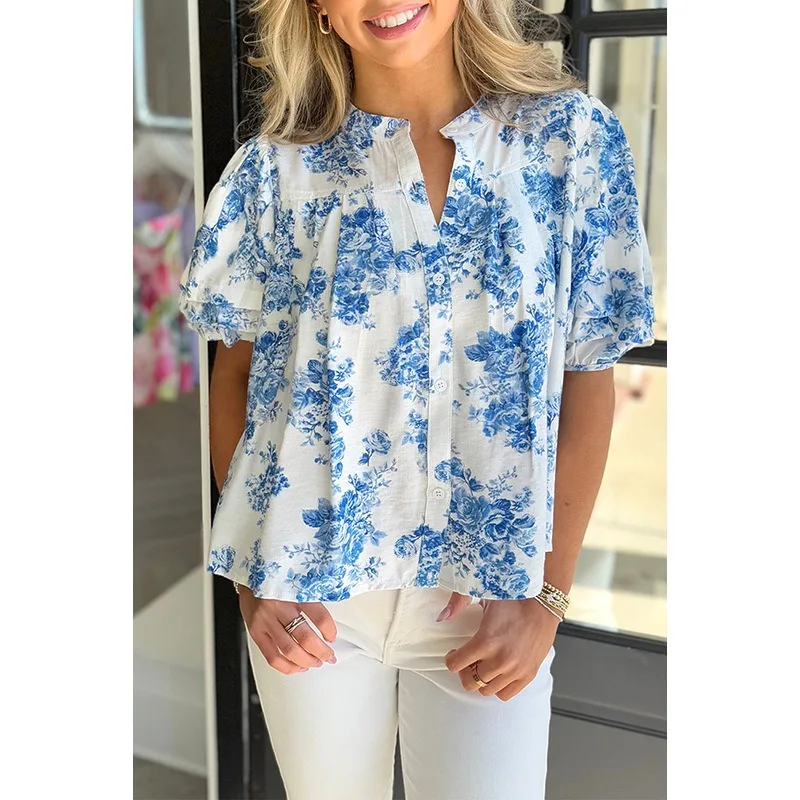 

2025 Summer Fashion Printed Single Breasted Shirt Women O Neck Short Sleeve Buttons Casual Versatile Commute Street Blouses