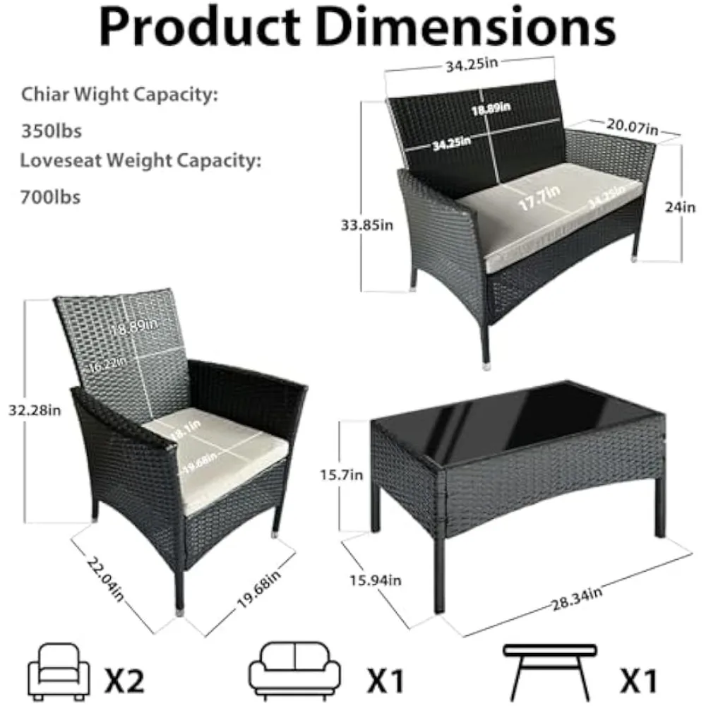 PE Rattan Wicker Conversation Sets, Outdoor Sofa Set with Soft Cushion and Tempered Glass Table for Garden