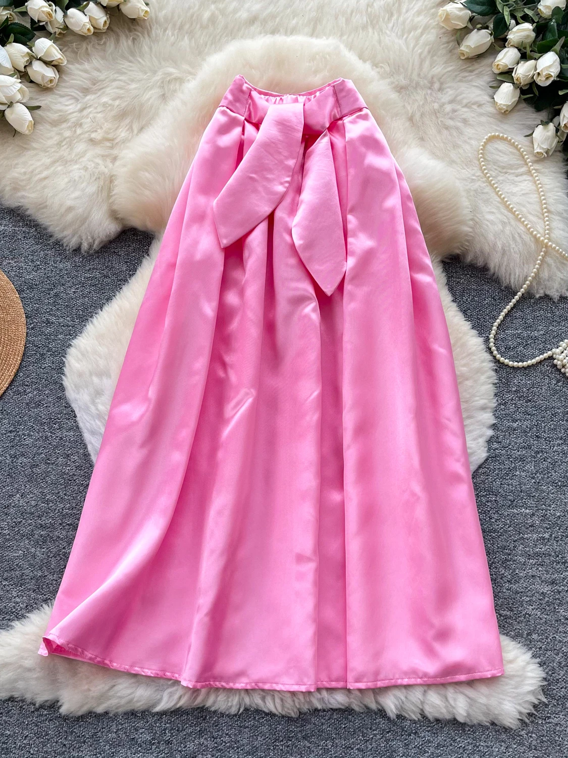 Elegant Korean Style High Waist A-Line Silk Half Skirt with Belt for Women Commute Slimming Long Pink Party Skirts