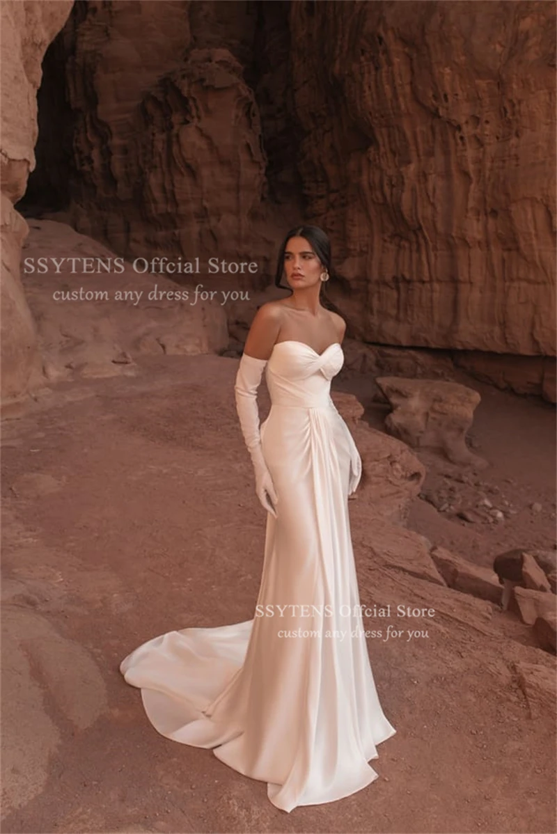 SSYTENS Elegante weiße trägerlose Brautkleider, ärmellos, mit Reißverschluss hinten, Strand-Brautkleid 2026, bodenlange Meerjungfrau-Brautkleider