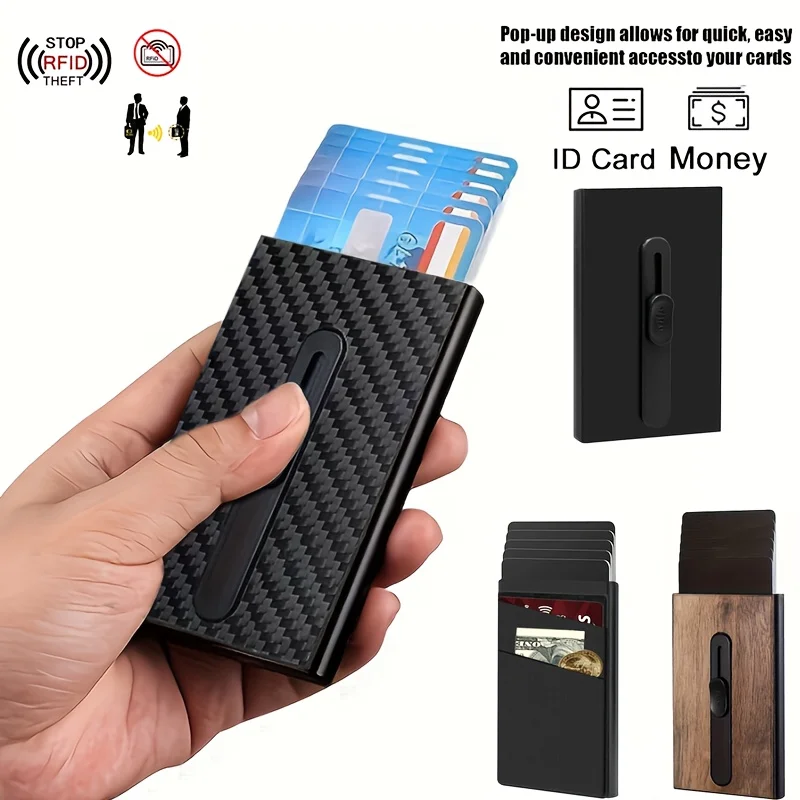 Carbon Fiber Pattern Walnut Wood Grain Credit Card Holder with Adhesive Backing Card Box