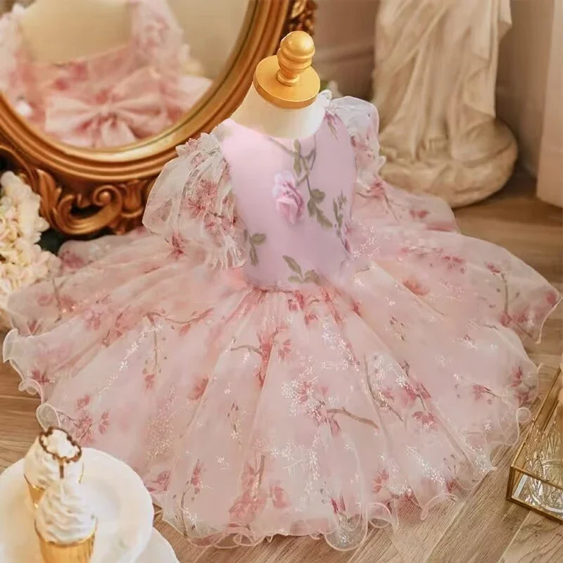 0-6-year-old Pink Flower Girl Dress 2024 New Children\'s First Year Princess Dress Children\'s Birthday Party Sweet Princess Dress