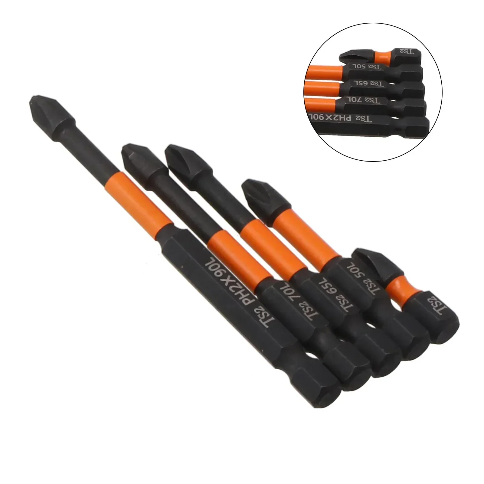 5pcs Bit Set Screwdriver Bits 1/4Inch Hex 25mm 50mm 65mm 70mm 90mm Alloy Steel Black Cross Impact Magnetic PH2