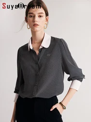 SuyaDream Women Dots Shirts 100%Silk Crepe De Chine Single Breasted Black Chic Blouses 2026 Spring Summer Elegant Top