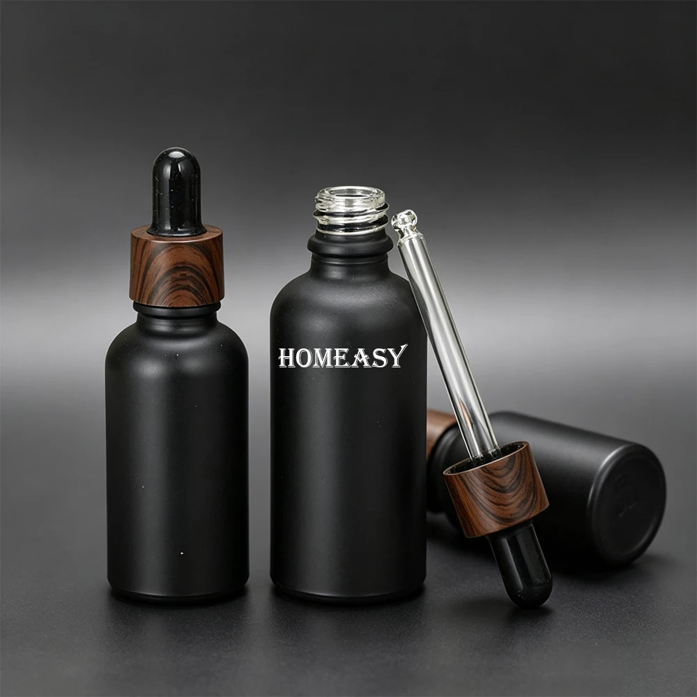 Matte Black Glass Dropper Bottle 7 Sizes Essential Oil Bottle Wooden Lid Refill Aroma Diffuser Storage view 5