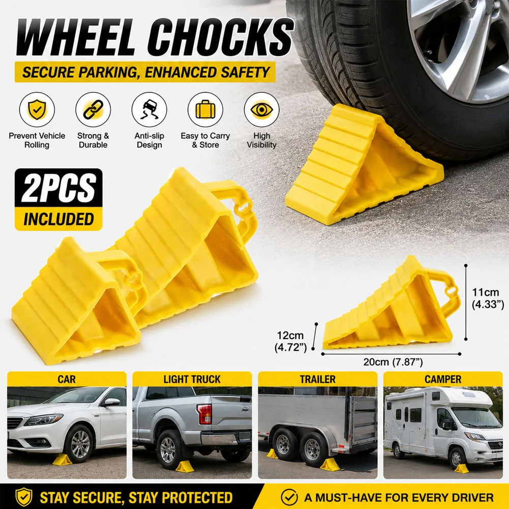 2pcs Car Wheel Chock Anti Slip Tire Stop Block Heavy Duty Parking Wedge Truck Trailer RV Safety Portable Vehicle Accessories