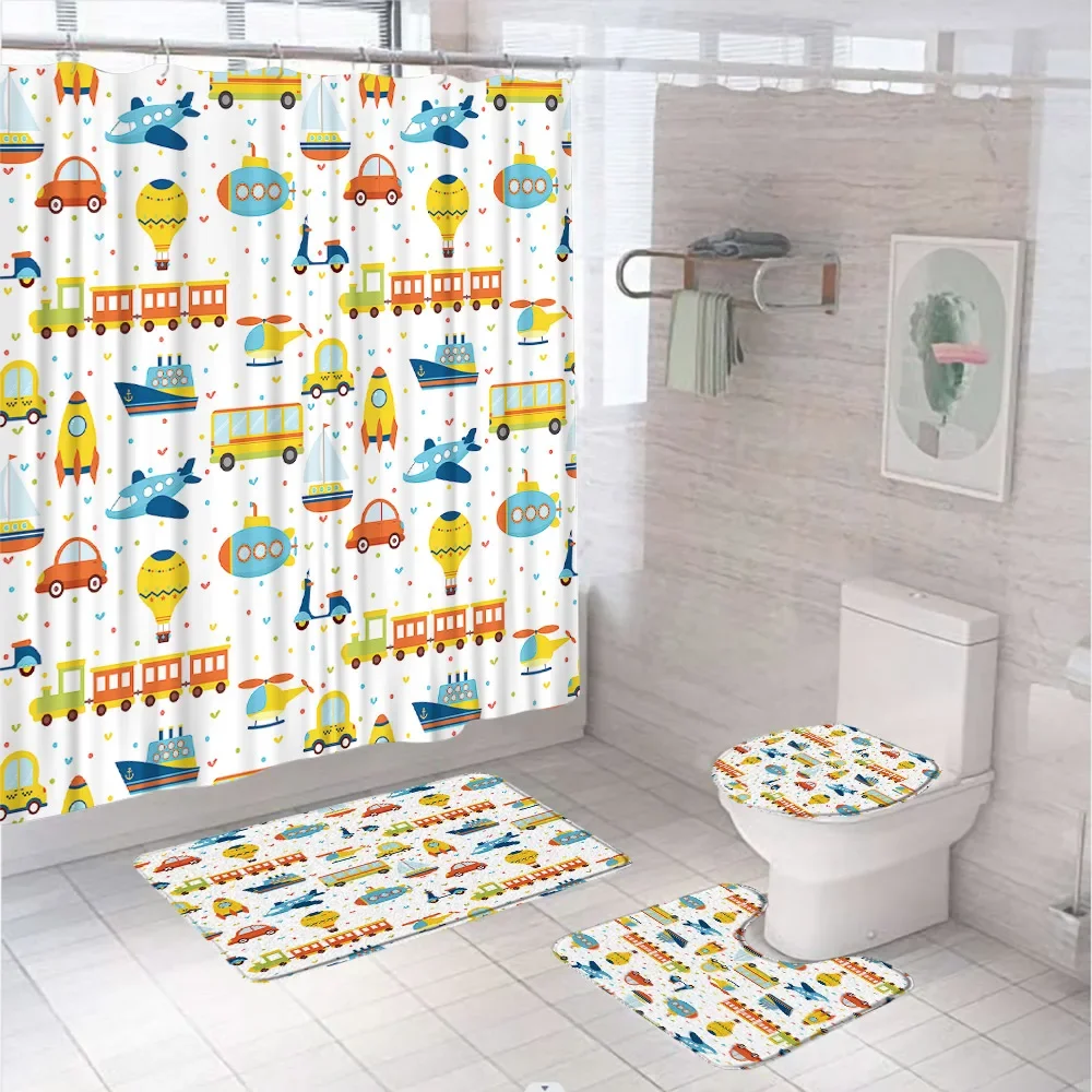 Cartoon Car Bathroom Decor Set Teens Transportation Car Shower Curtain for Kid Boy Girl Truck Bus Taxi Bath Mat Rug Toilet Cover