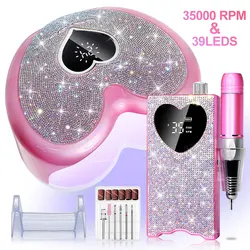 96W Rechargeable Nail LED UV Lamp And 35000RPM Nail Drill Machine with Diamonds Heart-Shaped Design for Manicure Polishing Dryer