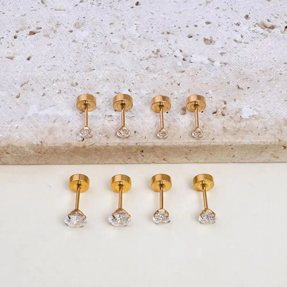 3/4/6 Pairs Stainless Steel Flat Back Screw Studs Earrings Women Men 4 Prong Tragus Small Round Clear Cubic Zirconia Ear Jewelry