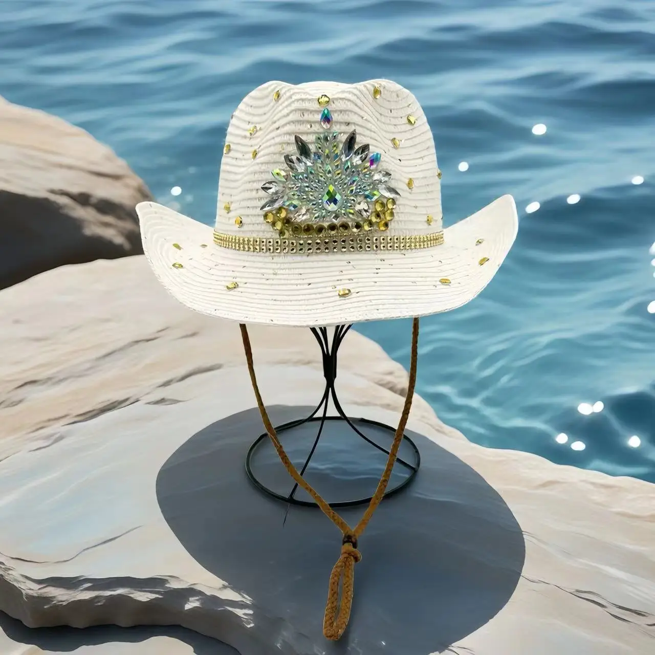 

Соломенная шляпа с кристаллами в стиле вестерн для женщин и мужчин, пляжная, винтажная, для вечеринок, летних фестивалей, кантри-музыки, головной убор