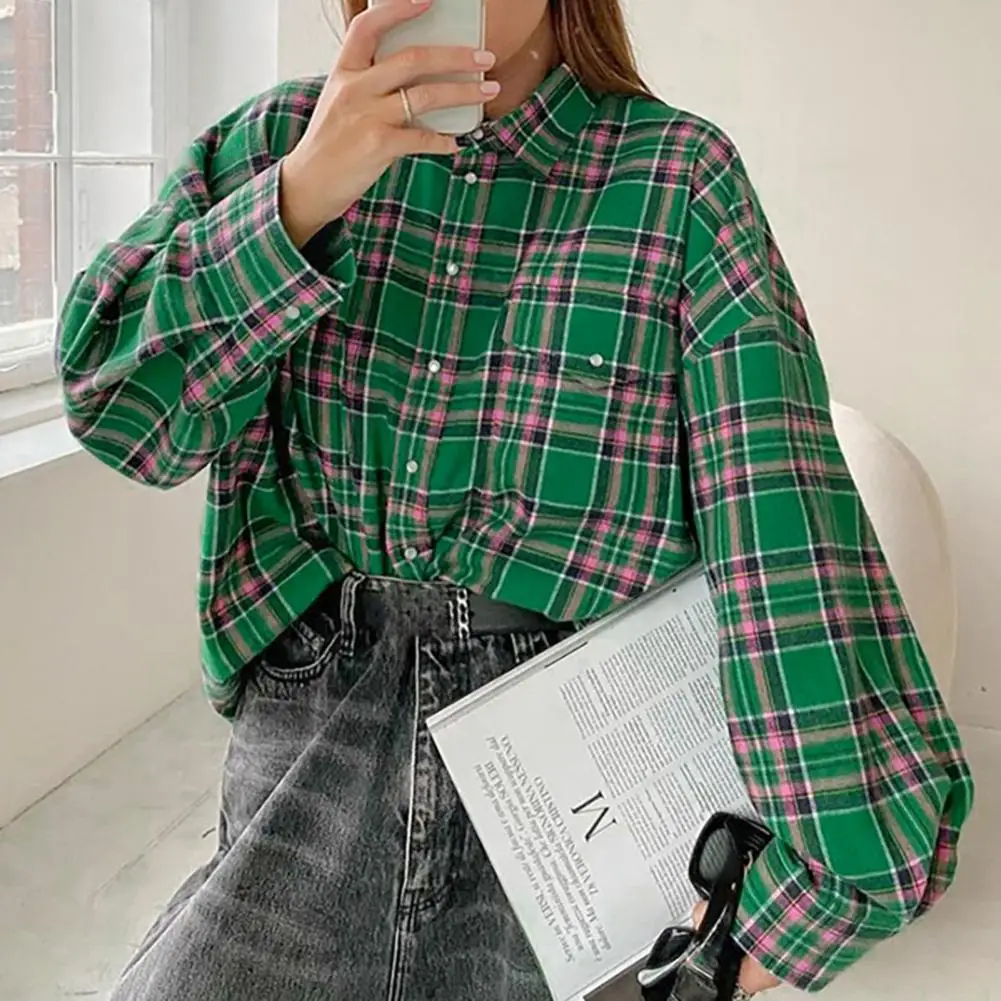 2024 Oversized Plaid Shirt Autumn Winter Women Vintage Long Sleeve Fashion Loose Lapel Pocket Shirt Fit Blouse Korean Style