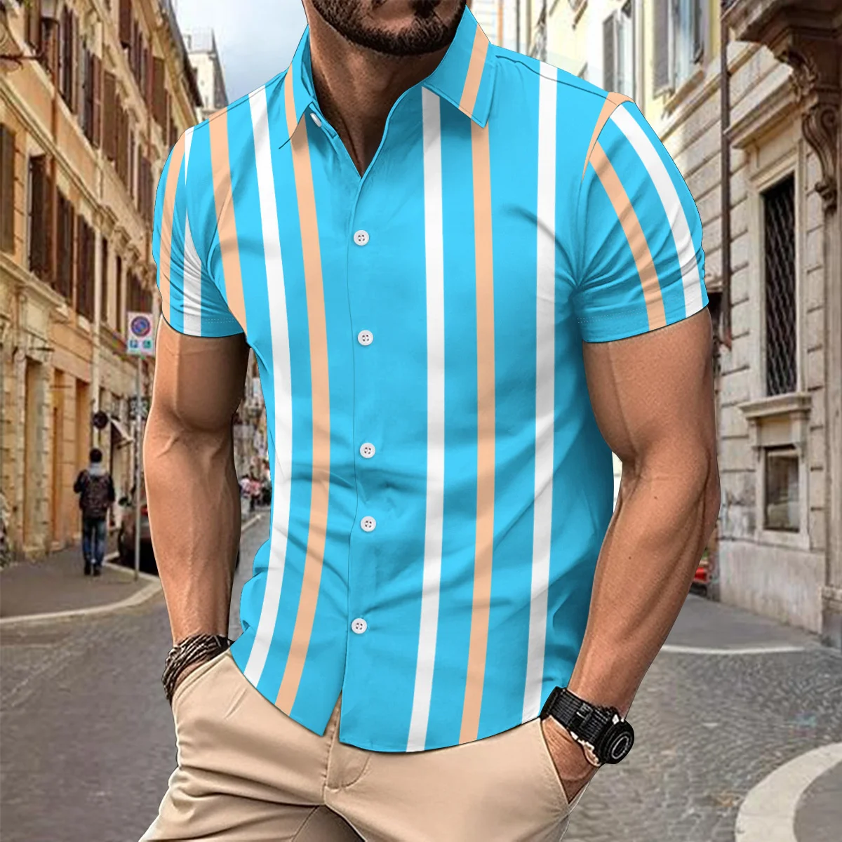 Outdoor Sport Casual Stijl Heren Zomer Gestreept Digitaal Print Lichtgewicht Ademend Losse Revers Shirt Met Korte Mouwen