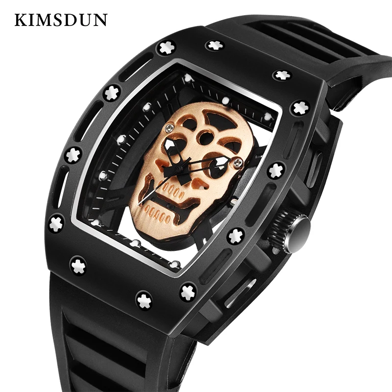 Skull Dial Mens Watches Fashion Tonneau Black Punk Style Quartz Wristawatch Sport Skeleton Male Cool Clock for Halloween Gift
