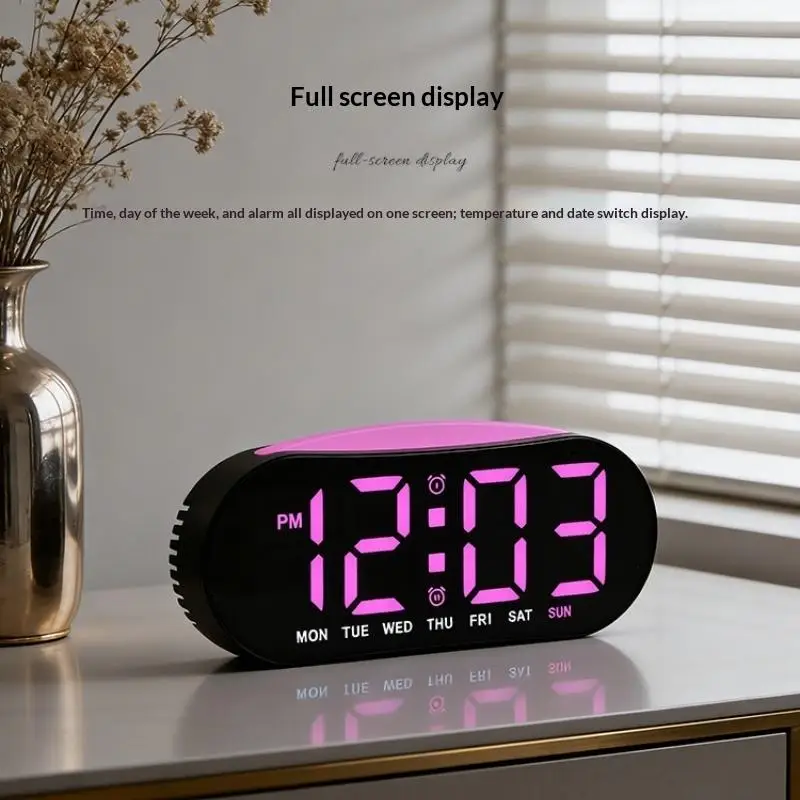 LED Electronic Alarm Clock Week Display Soft Night Light Non-Ticking for Kids Bedside Bedroom Night Use