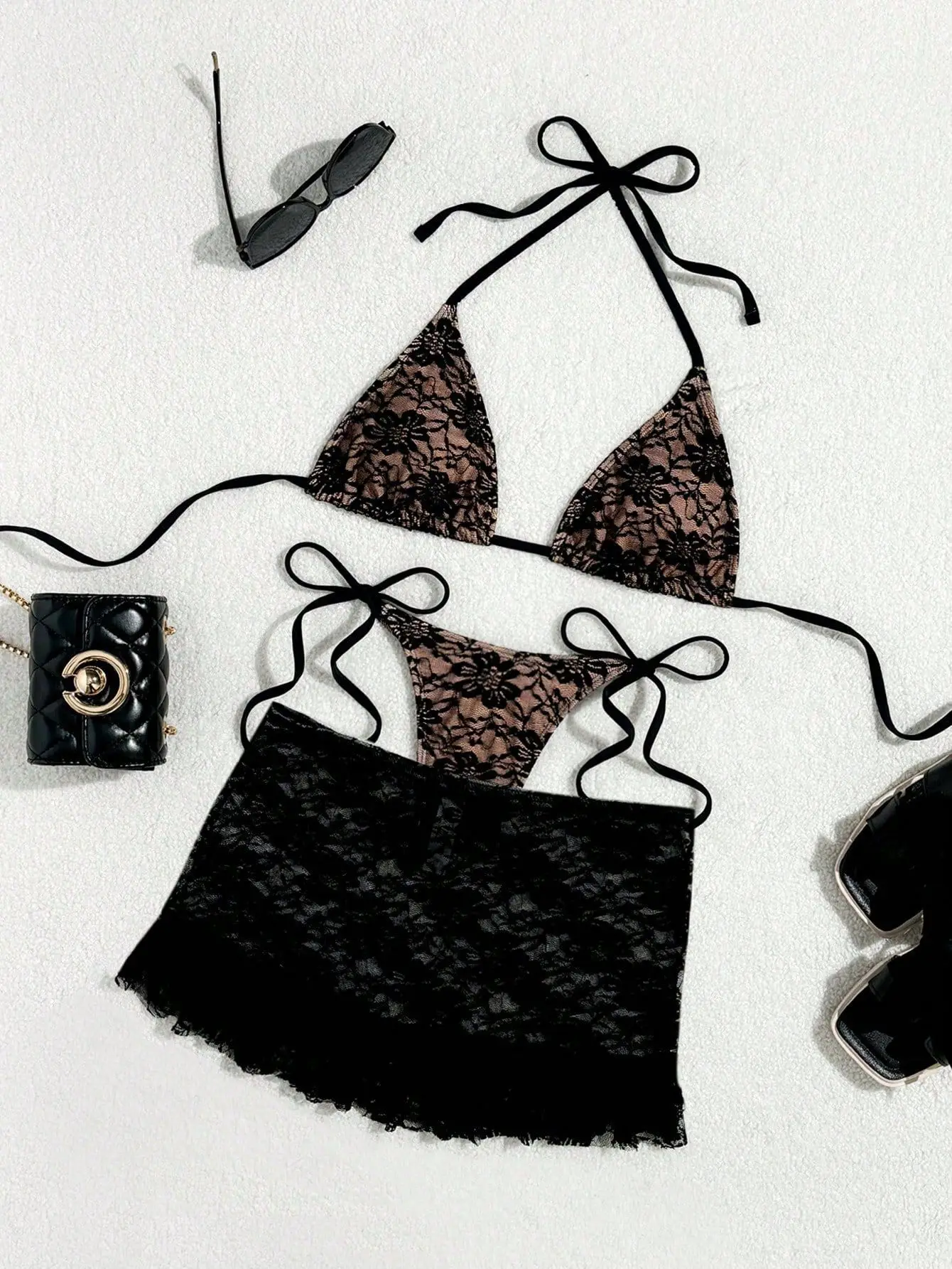 Sexy Ruffles Mesh Skirt 3 Piece Bikini Set Women Black Lace Push Up Tie Side Thong Swimsuit Beach Holiday Bathing Suit Swimwear