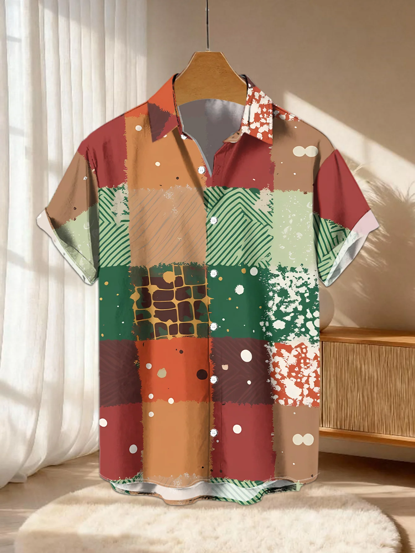 Men Short Sleeve Shirt Christmas Patchwork Plaid Print Lapel Casual Holiday Party Button Down Tops Men's Clothing