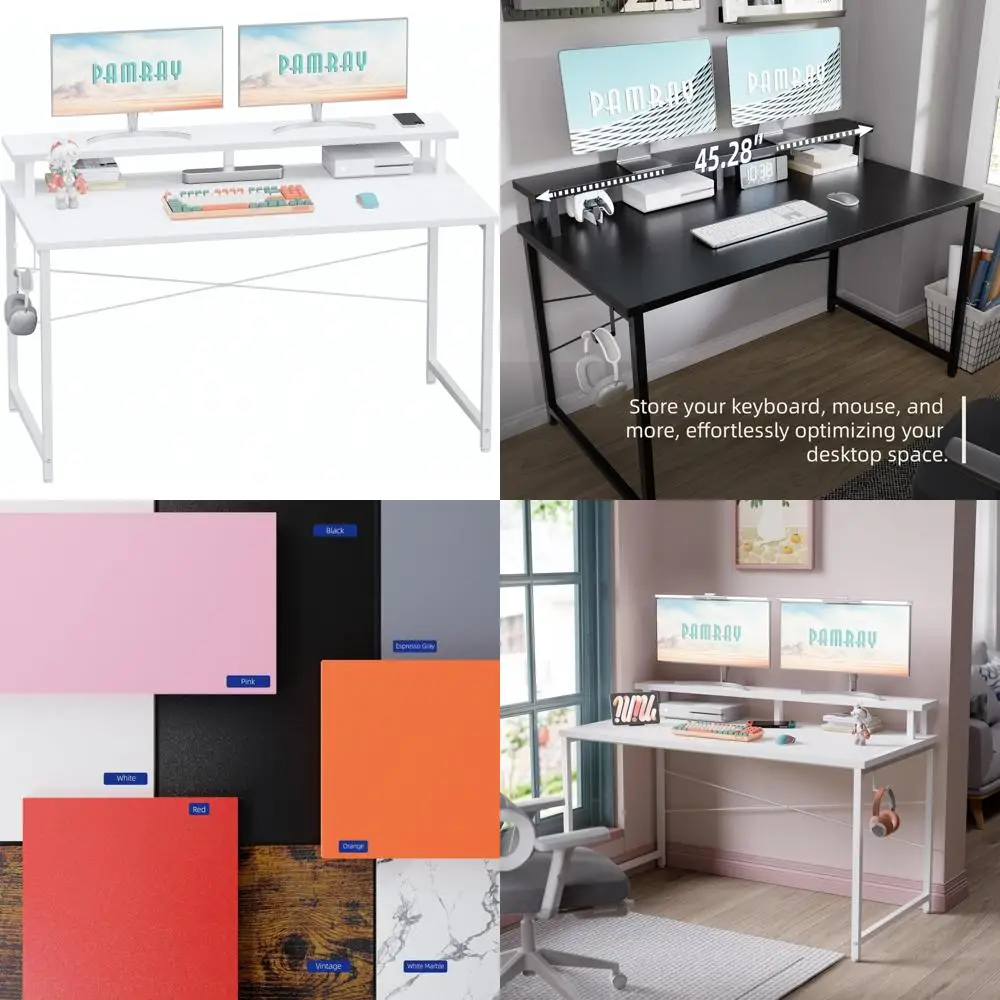 47 Inch Compact Desk with Monitor Stand, Modern Office Desk for Small Spaces, Ideal for Kids Study Writing and Headphone Storage