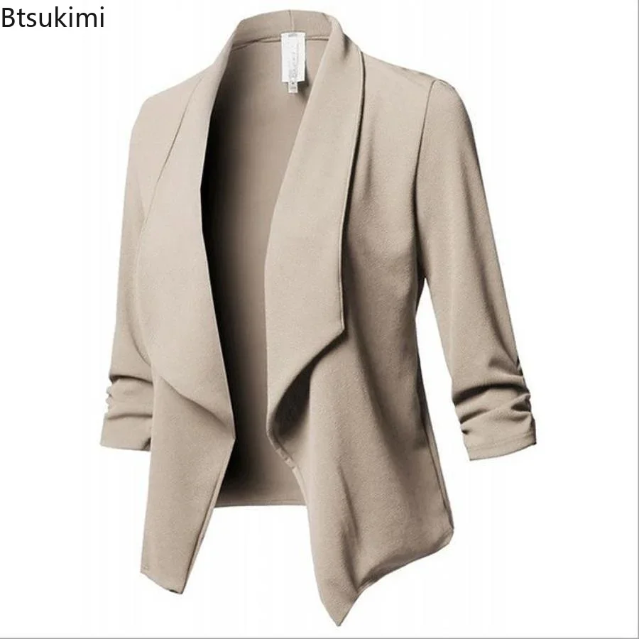 Jaqueta de blazer casual feminina, gola entalhada, jaqueta extragrande, manga plissada, casaco de escritório formal feminino, monocromático, novo, 2022