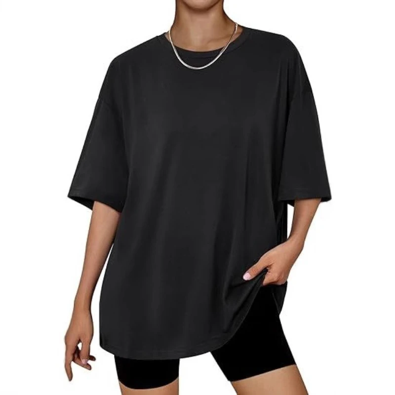 Cross-border Amazon Women's Oversized Loose Round Neck Short-sleeved Top Summer Casual Basic Solid Color T-shirt Cw46211