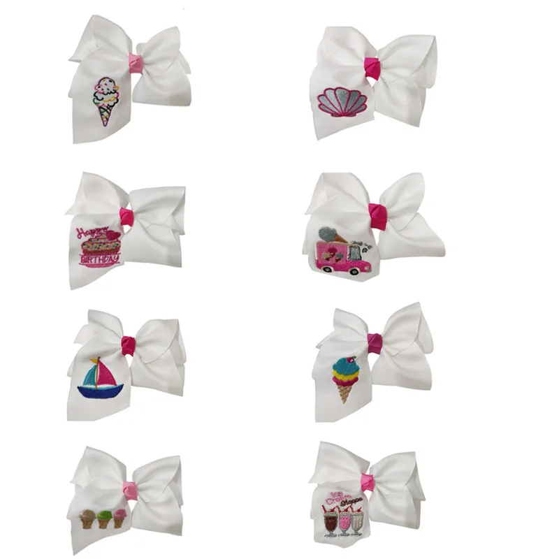 

CUSTOM 20Pcs Ice Cream Cake Embroidery Polyester Hair Bows hair Clips Hairpins Headwear For Girls