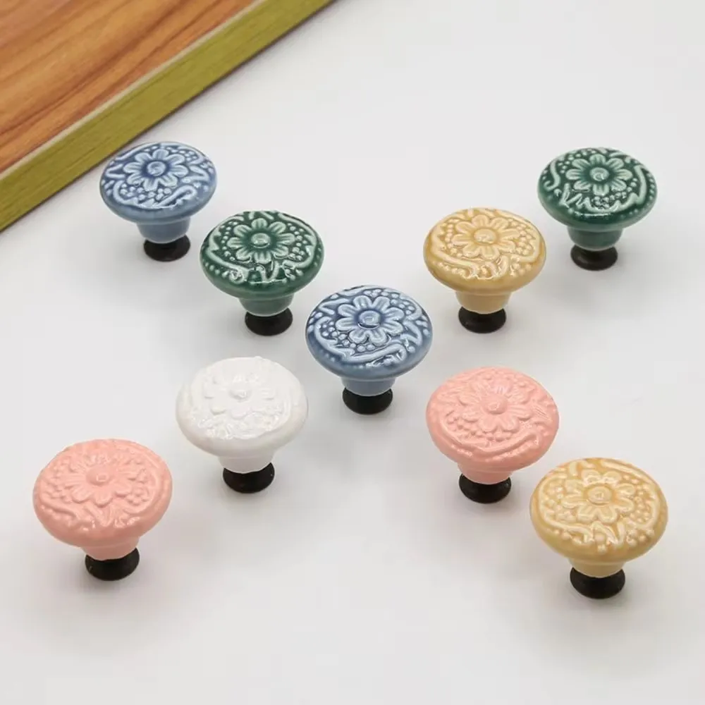4pcs Round Ceramic Knob Handle Flower Surface Cabinet Kitchen Door Drawer Handles Dresser Knobs Pulls Furniture Hardware