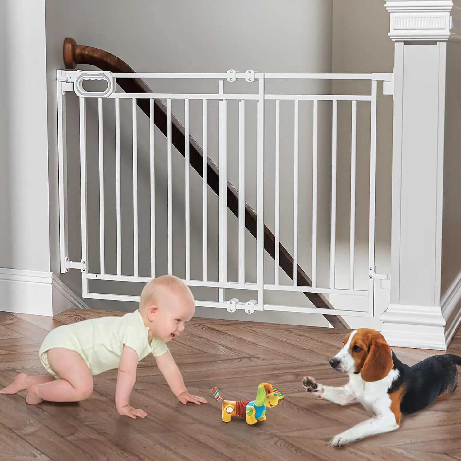 

Baby Gate for Stairs- No Bottom Bar,Adjustable Width 32” to 48” for Child and Pet, Dog Gate with Auto-Close & One-Hand Operation