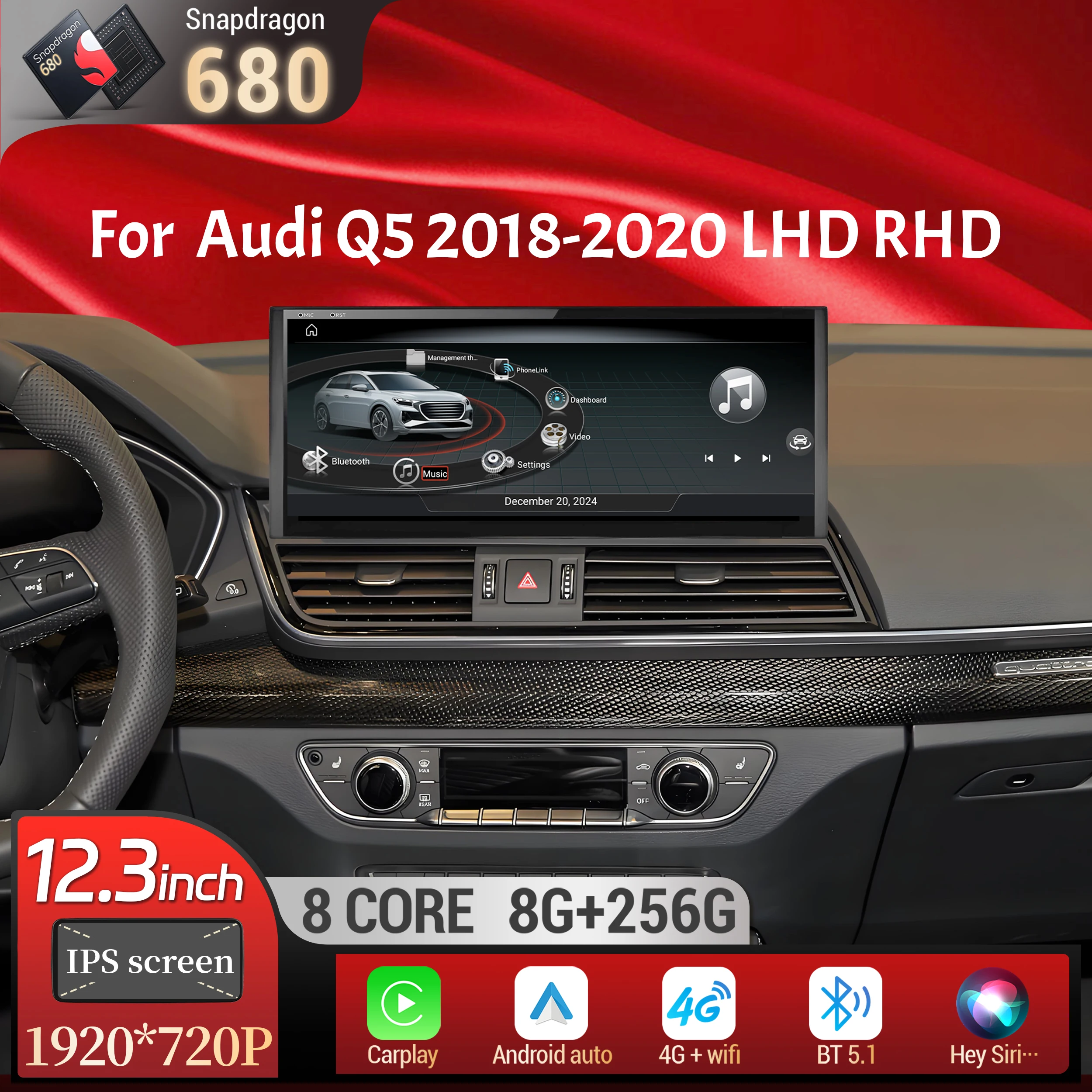 12.3 inch Android 13 Car Radio For Audi Q5 2018-2020 Wireless BT Carplay Qualcomm Snapdragon 680 System Head Unit Touch Screen