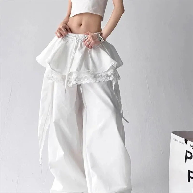 Women's Chic Design Tooling Casual Pants 2026 Spring Autumn New Niche Splicing Lace Trousers Female Dancing Wide-leg Pants