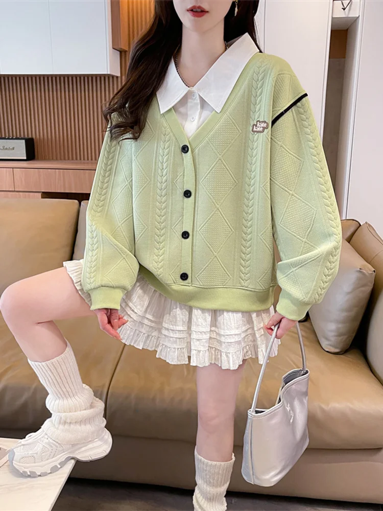 Fashion Campus Style Polo Shirt Minimalist Gentle Green Elegant Exquisite Embossed Sweet Soft Comfortable Solid Color Pullover