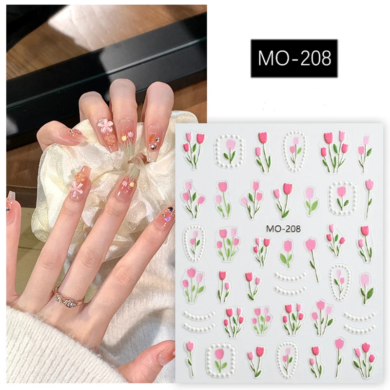 5D Embossed Nail Art Decals White Blue Flowers Leaves Adhesive Sliders Nail Stickers Decorations For Manicures