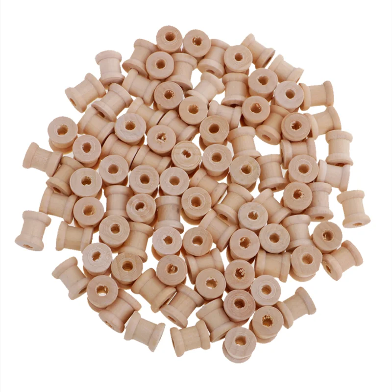 New 100PCs Empty Wooden Bobbin Spools For Thread Wire Natural Color Needlework 14mmx13mm