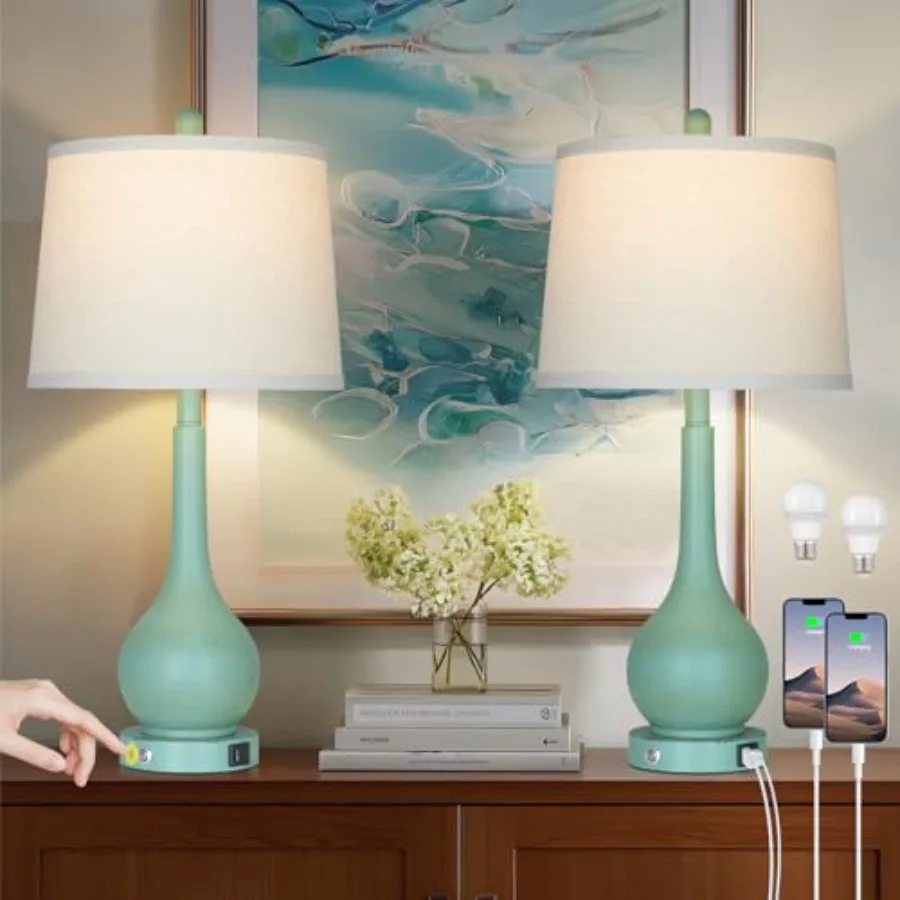 

26" Farmhouse Table Lamps for Living Room Set of 2, 3-Way Dimmable Touch Control Bedside Lamp with USB A+C Ports, Retro Green N