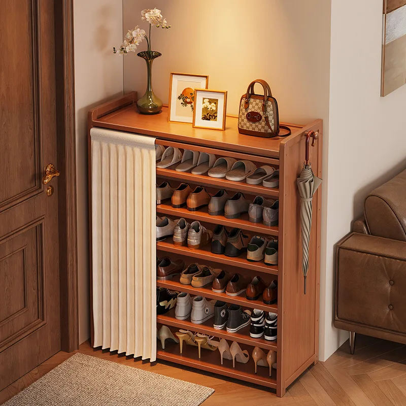 Bamboo shoe storage cabinet, dust-proof cloth curtain storage rack, multi-layer narrow shoe rack, living room storage rack