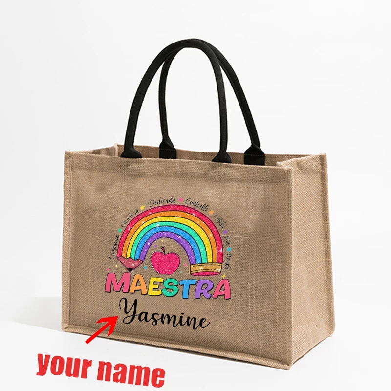 Maestra Customized Name Linen Tote Bag Organizer New Fashion Shoulder Bag Travel Storage Handbag Shopping Bags Gift for Teachers